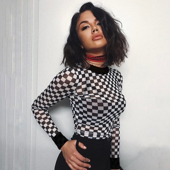 Tops - Black&White Checkered Mesh Top